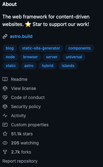 A dark-themed GitHub sidebar for the Astro repository. It describes Astro as “The web framework for content-driven websites” with a star emoji encouraging support. The link points to astro.build.Highlighted tags include: static-site-generator, components, node, server, universal, hybrid, islands.Stats shown:51.1k stars205 watching2.7k forksStandard links like Readme, License, and Security policy are also visible.