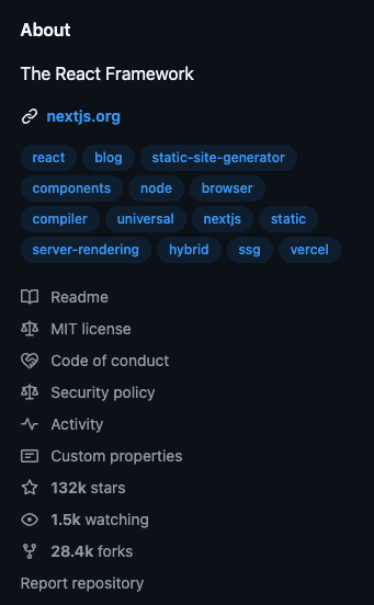 A dark-themed GitHub sidebar for the Next.js repository. It describes Next.js as “The React Framework” and includes a link to nextjs.org.Highlighted tags include: react, blog, static-site-generator, components, server-rendering, hybrid, ssg, vercel.Stats shown:132k stars1.5k watching28.4k forksIt also includes standard repository links: Readme, MIT license, Security policy, and Activity.