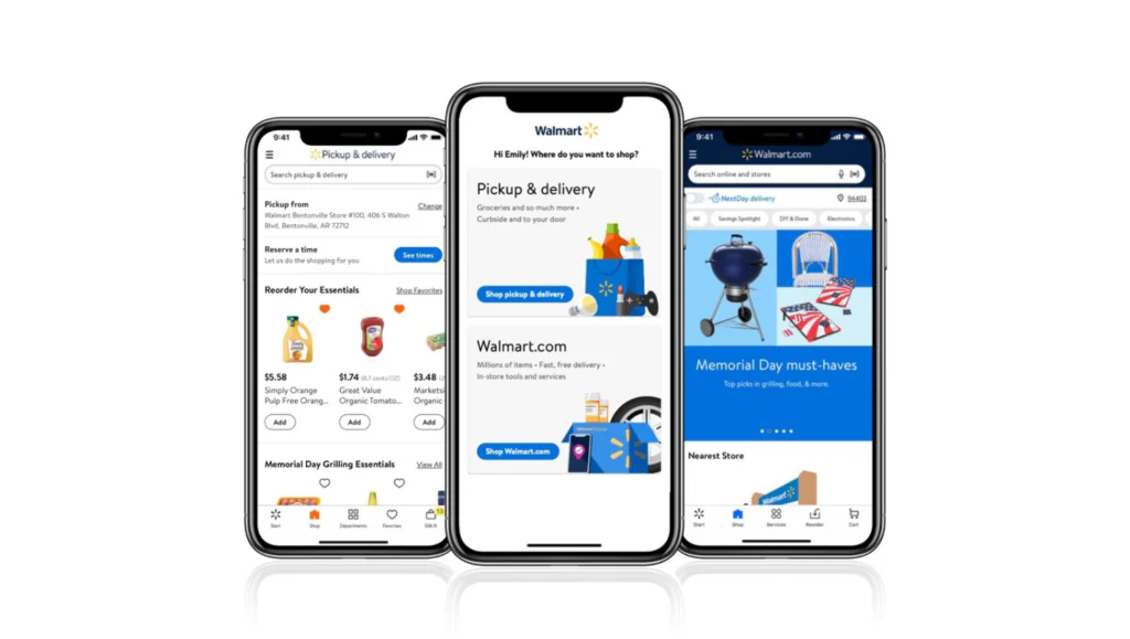 Three smartphones display Walmart’s shopping app screens, highlighting grocery pickup, delivery, and Memorial Day promotions.