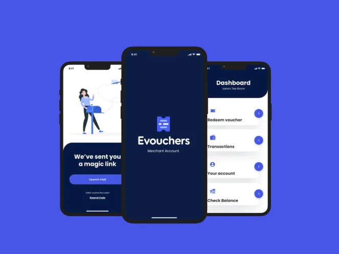 Three smartphones display screens of the Evouchers app, built with React Native. One shows a magic link message, the centre displays the Evouchers logo, and the third features a dashboard with account options. Blue background highlights React Native pros and cons.