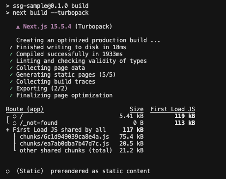 Terminal screenshot showing a Next.js 15.5.4 build process, featuring compiling, type checking, and Next.js static site generation steps. A summary table displays app route sizes and JavaScript chunk sizes.