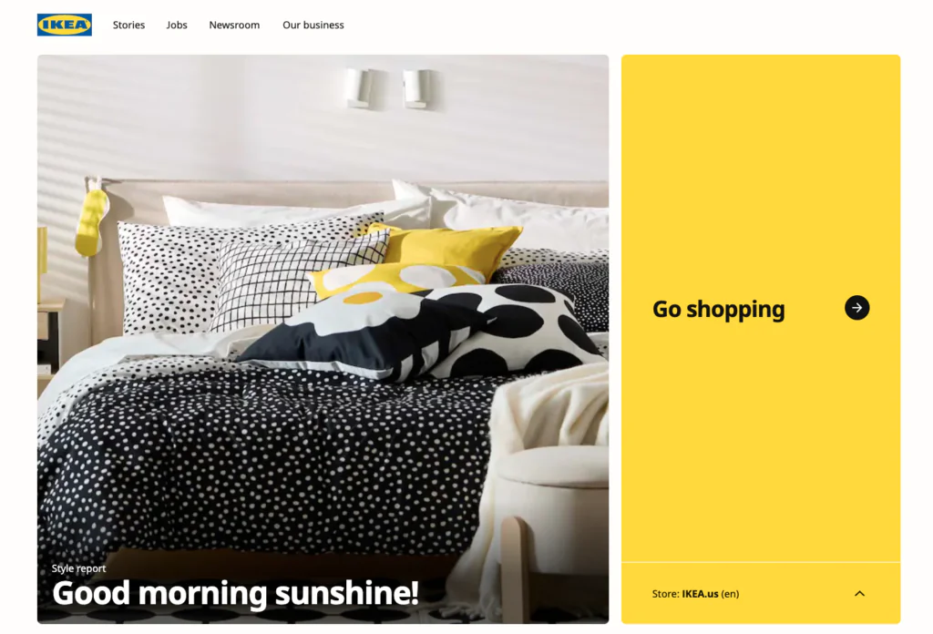 This image is a screenshot of the IKEA website homepage. The layout is clean and minimal, with a prominent split-screen design.