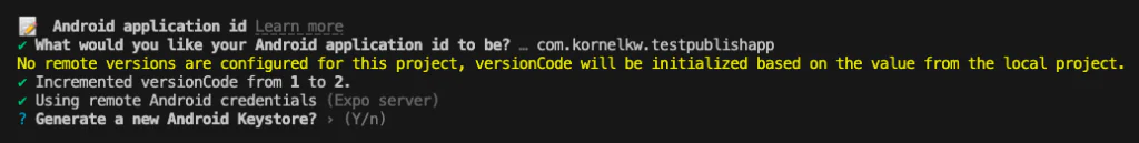 Confirmation screen showing the selected Android application ID and automated versionCode increment, with prompt to generate a new Android Keystore.