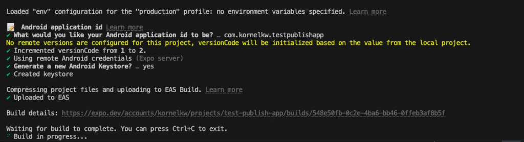 Terminal output confirming Android app ID, keystore generation, and EAS build upload in progress for the Android production profile to help with publishing Expo app.