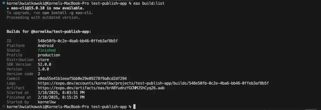 Terminal output displaying completed Android Expo build with status "finished", download link for the .aab file, and associated metadata.