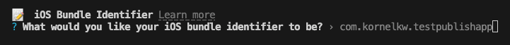 Expo CLI prompt asking for the iOS bundle identifier, prefilled with "com.kornelkw.testpublishapp".