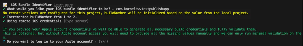 Terminal confirming iOS bundle identifier, incremented buildNumber, and request to log in to the Apple account for credential generation for publishing Expo app.