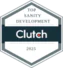 Hexagonal badge displaying Top SANITY DEVELOPMENT Clutch 2023 in black and grey text, representing a Clutch award for top sanity development in 2023.