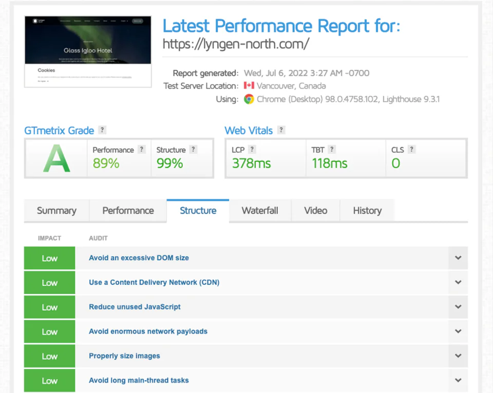 GTmetrix performance report for a site after WordPress CMS migration by Pagepro. The report shows a performance score of 89% and structure score of 99%, with key Web Vitals: LCP at 378ms, TBT at 118ms, and CLS at 0.0. Passed audits include reducing unused JavaScript, avoiding excessive DOM size and large network payloads, and properly sizing images. This performance audit reinforces effective CMS migration SEO, highlighting excellent frontend speed and structure post-migration.