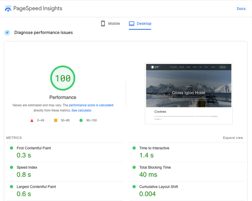 Screenshot of the Lighthouse Scoring Calculator illustrating a simulated mobile performance score of 100. All six core web vitals (FCP, SI, LCP, TTI, TBT, and CLS) are set to ideal values, each achieving a score of 100. This benchmark reflects a successful CMS migration SEO strategy by Pagepro, ensuring high Lighthouse scores and optimal mobile performance post-migration.
