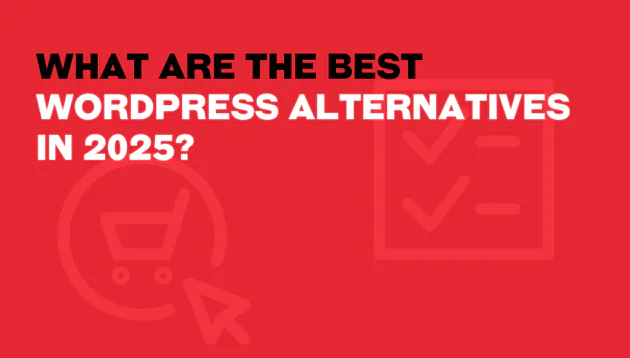 Red graphic with bold text: What are the best WordPress alternatives in 2025? Faint icons of a shopping trolley and tick marks highlight top WordPress alternatives in the background.
