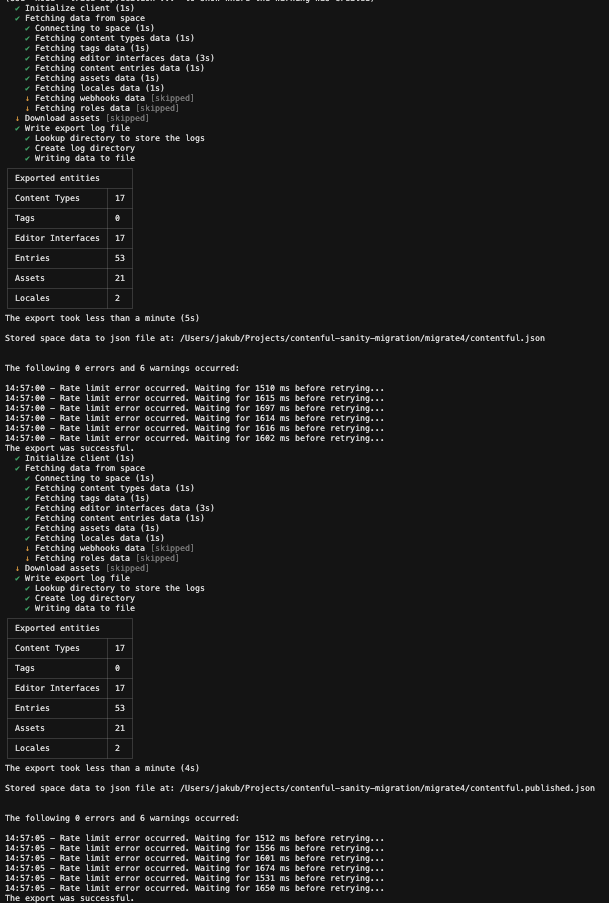 Terminal view of the Contentful-to-Sanity migration script exporting content types, entries, and assets with successful completion logs