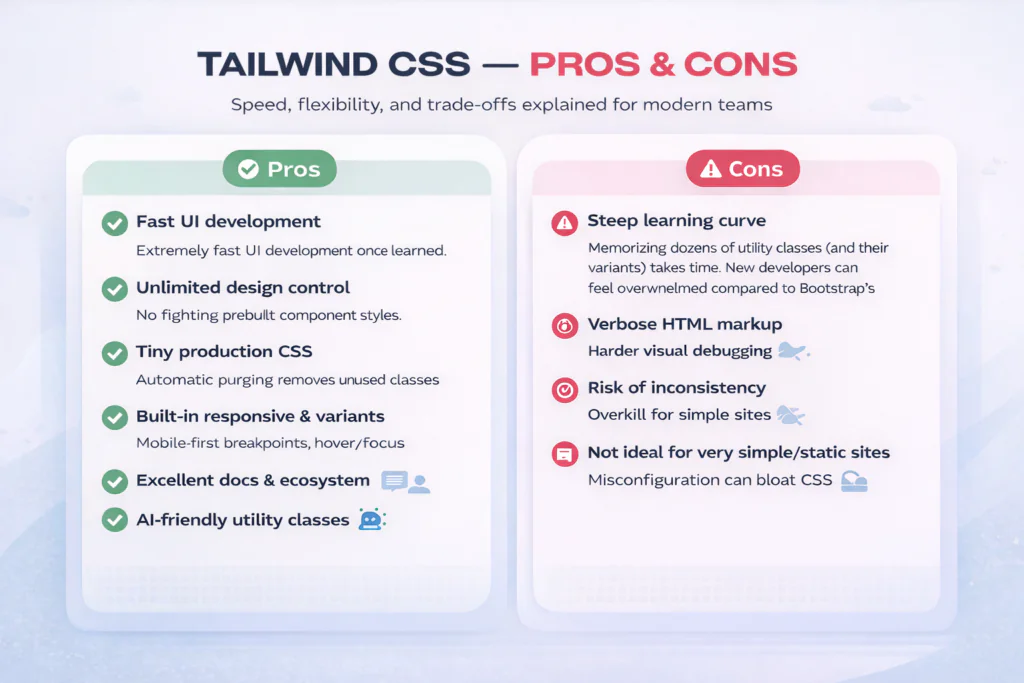 An infographic titled What is Tailwind CSS — Pros & Cons lists fast UI development, unlimited design control, tiny CSS, production vs. variants, excellent docs, and AI-friendly classes as pros, but warns of a steep learning curve and verbose HTML among the cons.