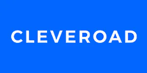 The image shows the word CLEVEROAD in bold, white capital letters centred on a bright blue background.