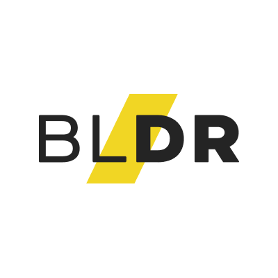 The image shows the text BLDR in bold, black letters with a yellow diagonal stripe behind the letter L. The background is white.