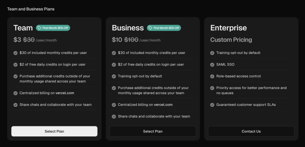 Three pricing plan cards on a black background: Team at $3.30/user/month, Business at $10/user/month, and Enterprise with custom pricing. Each details features, buttons to select or contact sales, and is ideal for managing Vercel hosting costs efficiently.