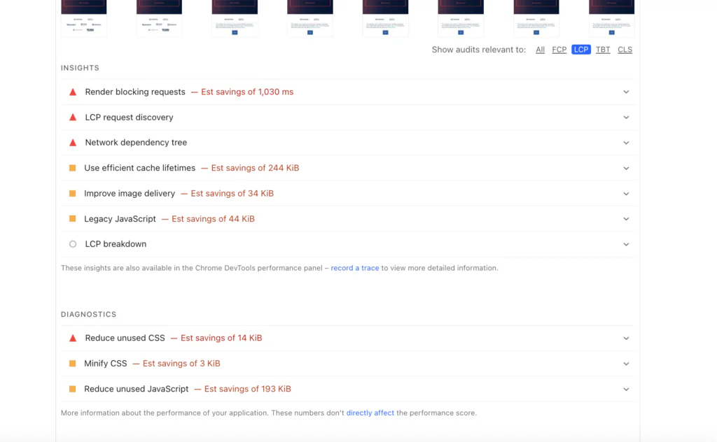 A website audit report lists performance issues with estimated potential savings, such as reducing unused CSS and JavaScript, and improving image delivery, under sections for Issues and Diagnostics.
