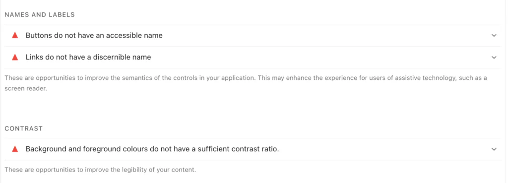 Accessibility report showing three warnings: buttons and links do not have accessible or discernible names, and background and foreground colours do not have sufficient contrast ratio. Explanations are provided below each warning.