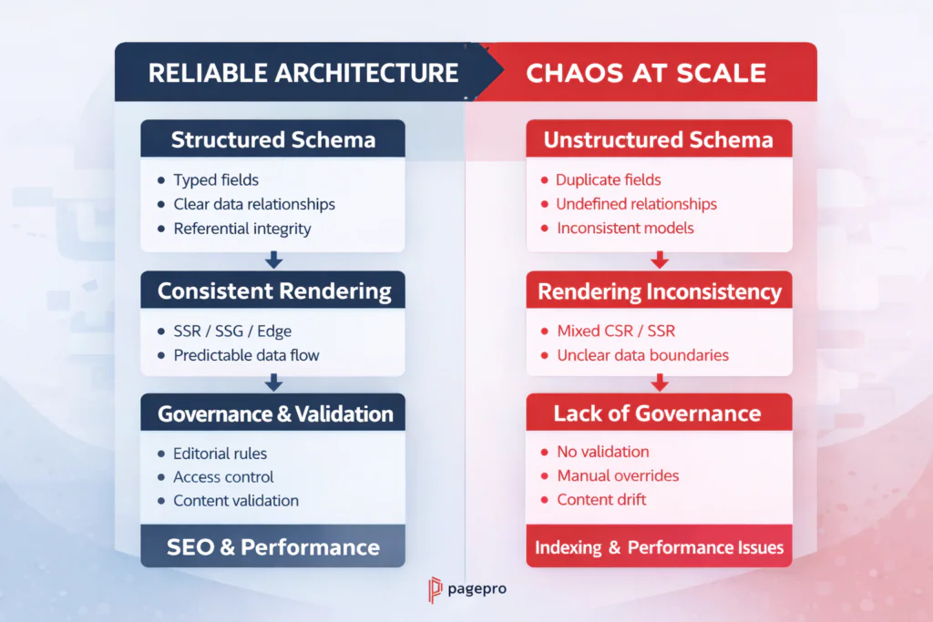 A comparison chart shows Reliable Architecture with structured schema, consistent rendering, governance, and SEO, versus Chaos at Scale with unstructured schema, rendering inconsistency, lack of governance, and performance issues.