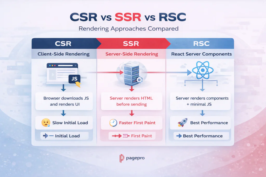 Infographic comparing CSR (Client-Side Rendering), SSR (Server-Side Rendering), and RSC (React Server Components) by their workflows, icons, and features such as load speed and performance.