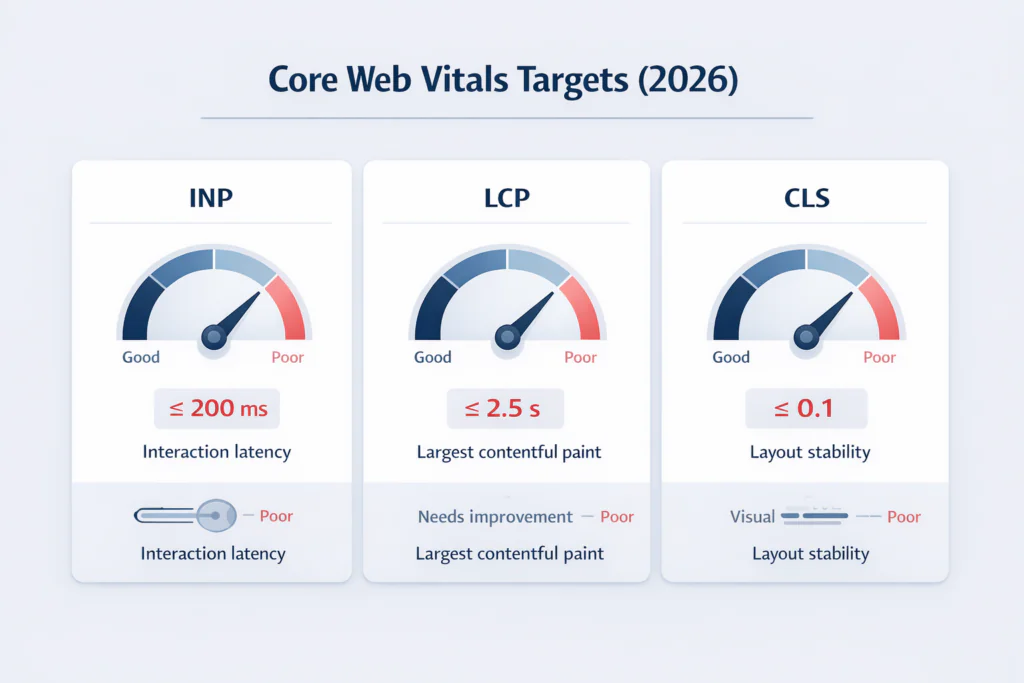 Infographic titled Core Web Vitals Targets (2026) with three gauges showing: INP (≤200 ms), LCP (≤2.5 s), and CLS (≤0.1), each indicating thresholds for good and poor web performance.