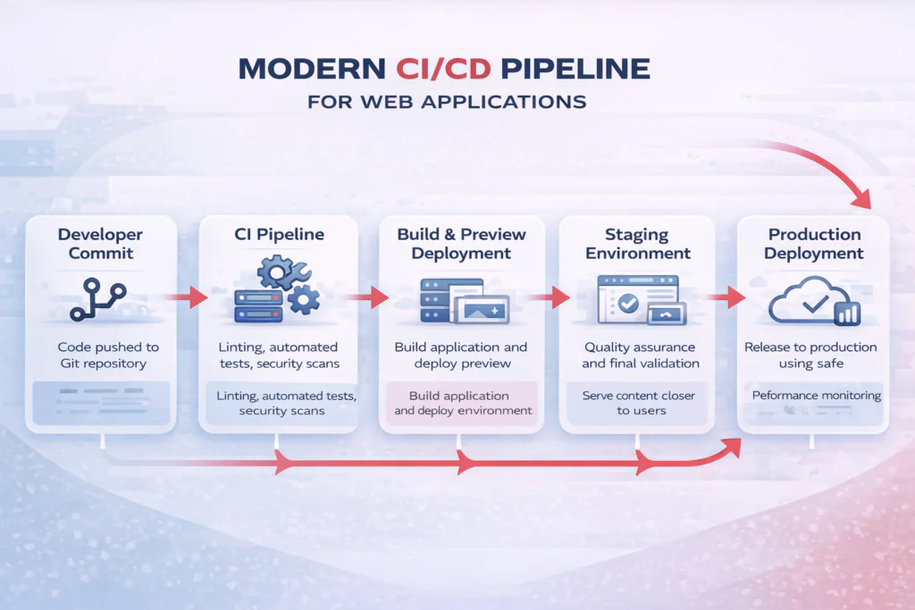 A flowchart of a modern CI/CD pipeline for web applications, showing steps: Developer Commit, CI Pipeline, Build & Preview Deployment, Staging Environment, and Production Deployment, with brief descriptions under each step.