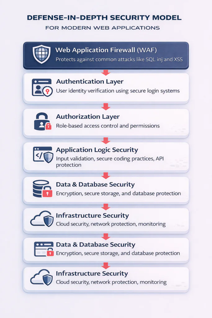 Infographic titled “Defence-in-Depth Security Model for Modern Web Applications” showing seven security layers: WAF, authentication, authorisation, logic security, data/database security, and infrastructure security. Each layer includes icons and brief descriptions.