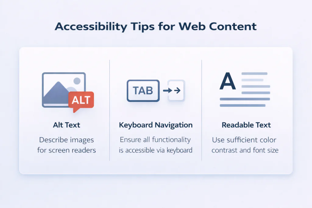 Infographic titled Accessibility Tips for Web Content with three columns: Alt Text (describe images for screen readers), Keyboard Navigation (ensure all functionality is accessible via keyboard), and Readable Text (use colour contrast and readable font size).