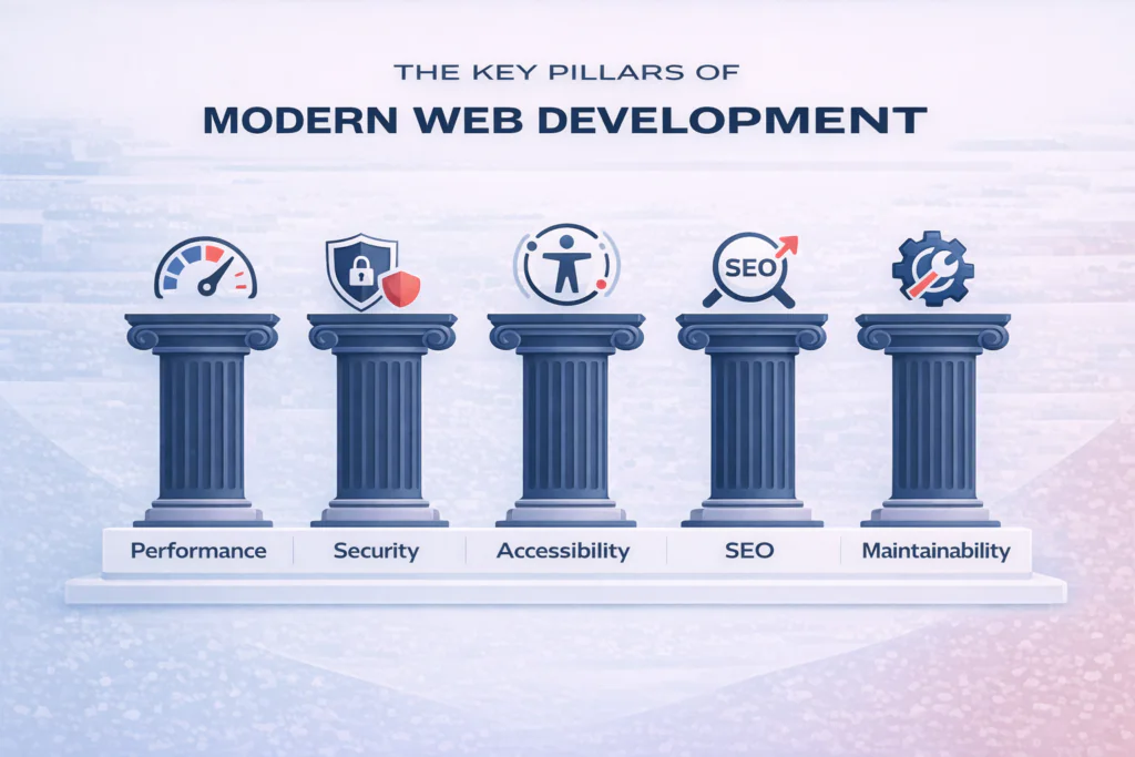 Five pillars labelled Performance, Security, Accessibility, SEO, and Maintainability represent the key pillars of modern web development, each with a relevant icon above it.