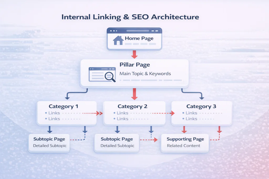 A flowchart titled Internal Linking & SEO Architecture shows a Home Page linking to a Pillar Page, which branches to three Category Pages, each linking to Subtopic Pages or a Supporting Page.