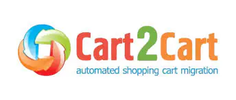 Cart2Cart logo featuring a colourful circular arrow design on the left and the text Cart2Cart automated shopping trolley migration on the right.