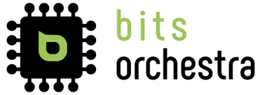 Logo for Bits Orchestra featuring a stylised black microchip with a green b inside, next to the words bits in green and orchestra in black lowercase letters.