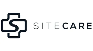 A minimalist logo featuring an abstract S formed by overlapping lines resembling a medical cross, next to the word SITECARE in a modern, clean typeface.