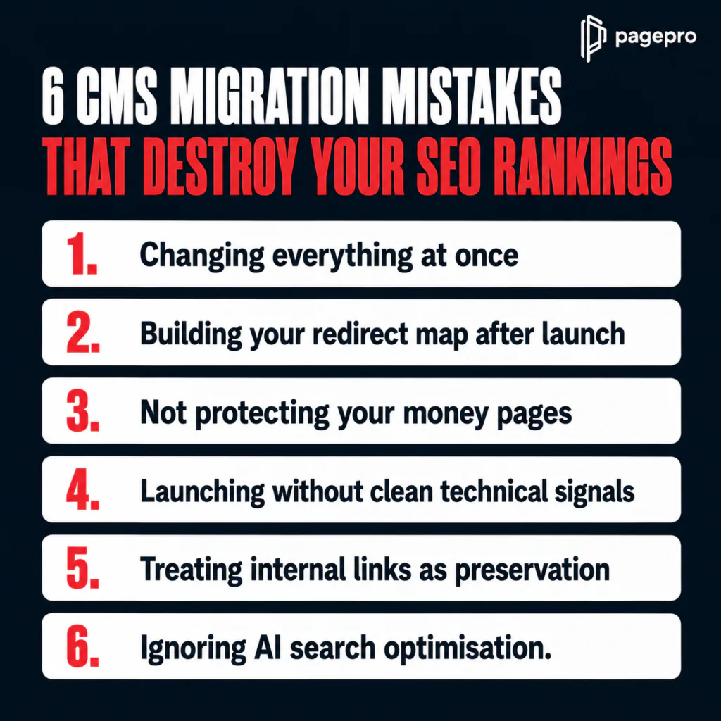 Infographic titled 6 CMS Migration Mistakes That Destroy Your SEO Rankings listing six mistakes, each numbered and highlighted in red, with a black and white background and the Pagepro logo in the corner.