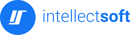 Blue logo with a rounded square and white stylised “i” on the left, next to the word intellectsoft in blue lowercase letters on a white background.